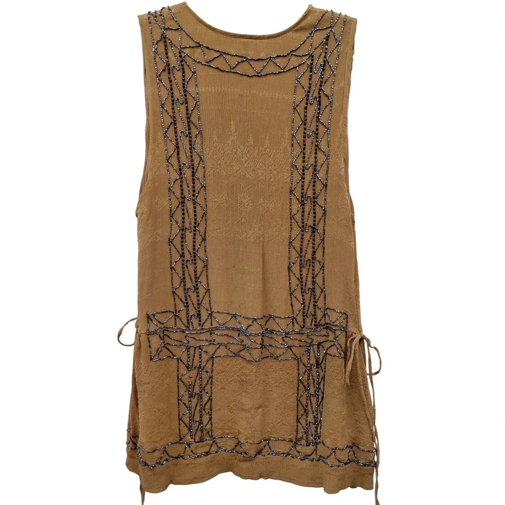 Free People Love Story Mini Dress Tan Beaded Geometric Sleeveless XS OB478319